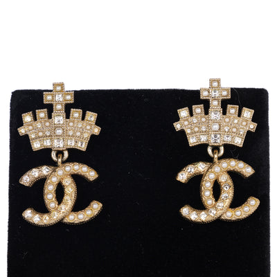 Gold-Plated Faux Pearl & Strass CC Crown Drop Earrings, 2021