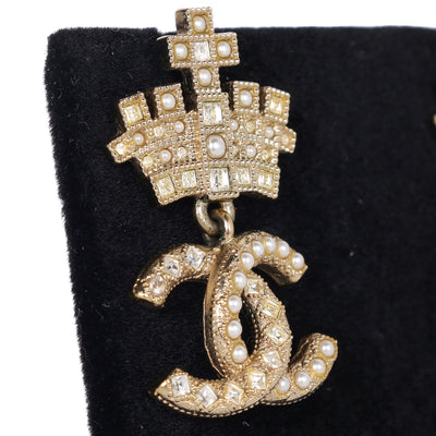 Gold-Plated Faux Pearl & Strass CC Crown Drop Earrings, 2021