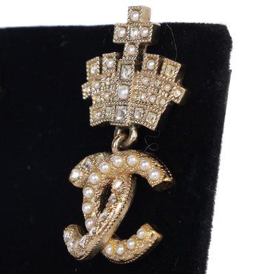 Gold-Plated Faux Pearl & Strass CC Crown Drop Earrings, 2021