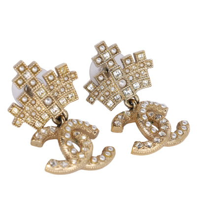 Gold-Plated Faux Pearl & Strass CC Crown Drop Earrings, 2021