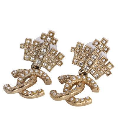 Gold-Plated Faux Pearl & Strass CC Crown Drop Earrings, 2021