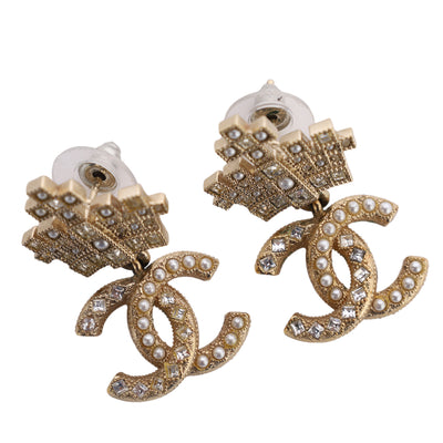 Gold-Plated Faux Pearl & Strass CC Crown Drop Earrings, 2021