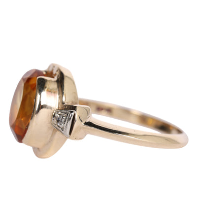 10k Citrine Large solitaire with Diamonds Ring