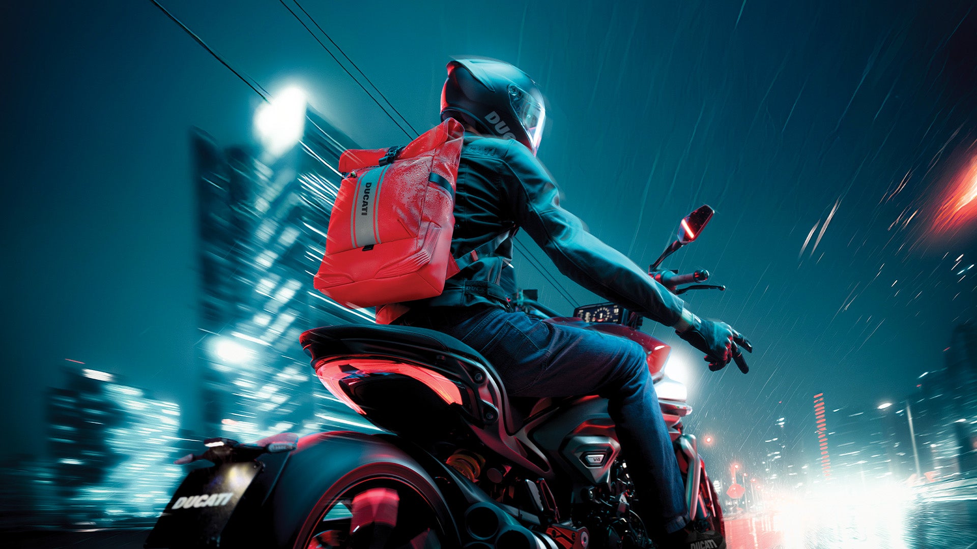 Motorcyclist riding through a neon-lit city at night, wearing a bright red backpack as rain streaks through the scene.