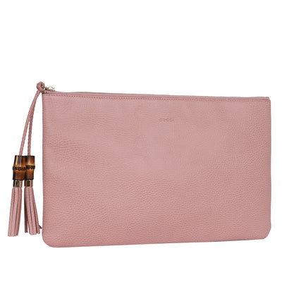 Pebbled Calfskin Leather Large Bamboo Clutch Cosmetic Case Pink