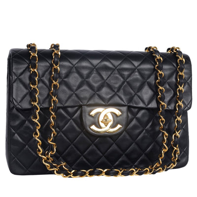 1991-1994 Jumbo Classic Flap Bag Black Lambskin Gold Hardware