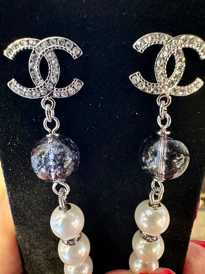 Pearl Rhinestone Dangle Pierced Earrings