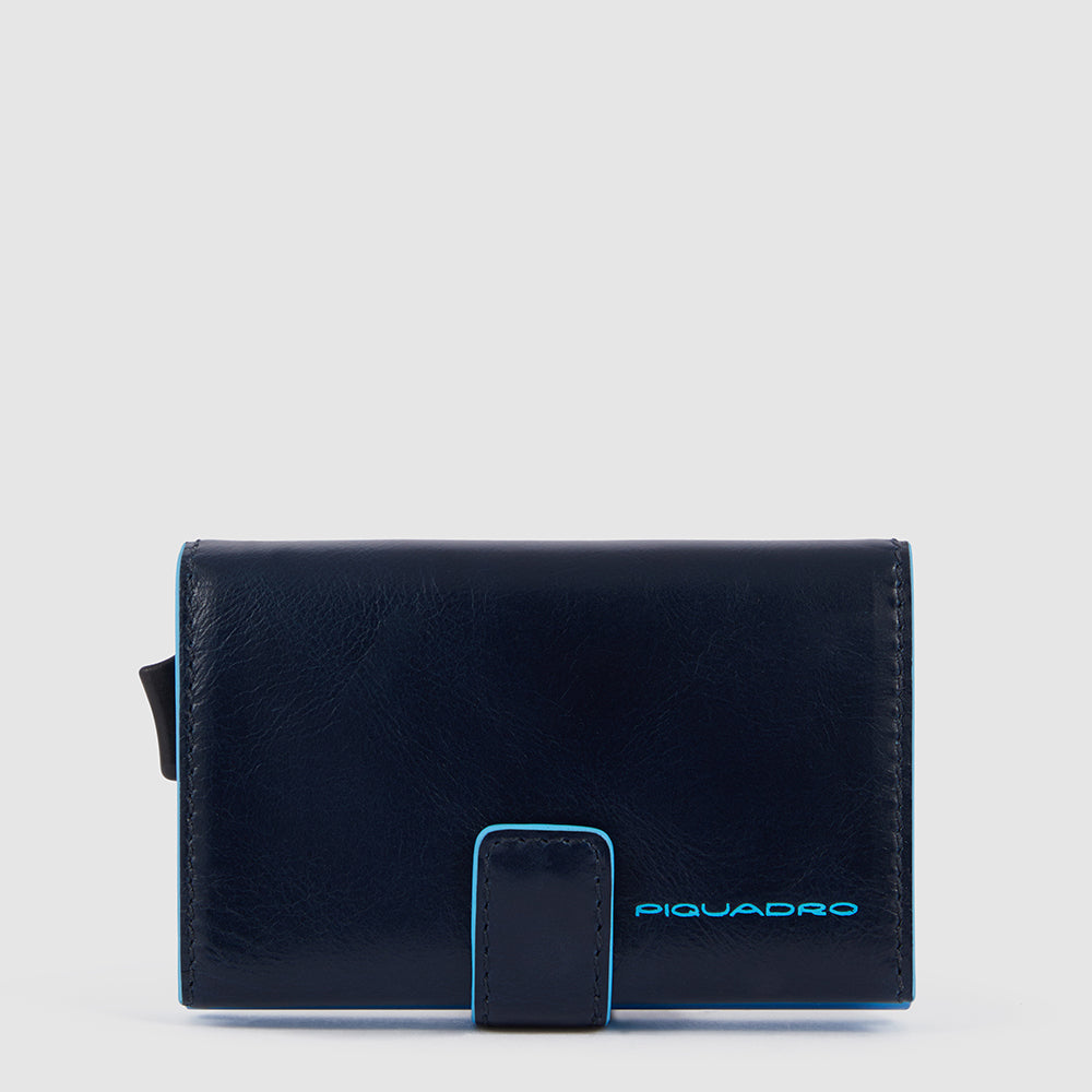 Piquadro Blue Square metal credit card holder with RFID protection, featuring a sliding mechanism and embossed logo