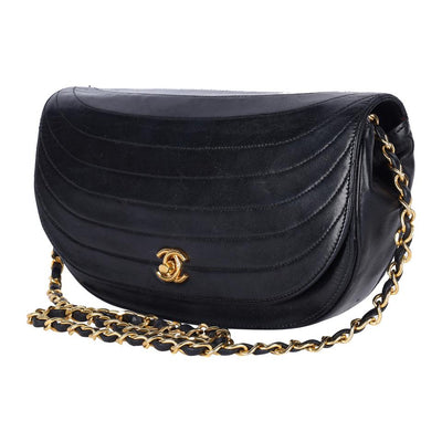 Half Moon Front Flap Leather Shoulder Bag Vintage Black