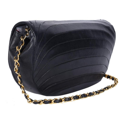 Half Moon Front Flap Leather Shoulder Bag Vintage Black